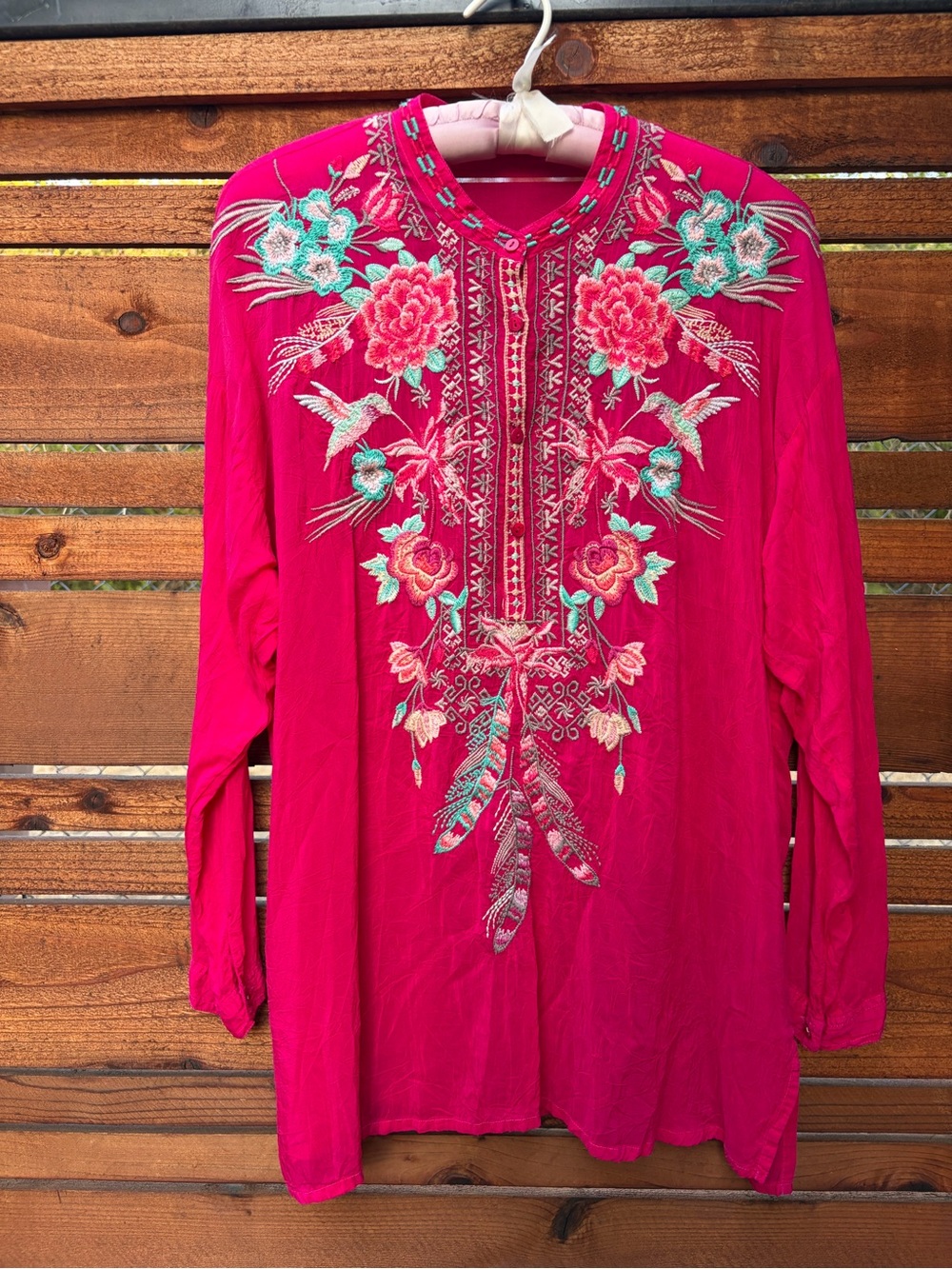 Johnny Was Pink Floral and Hummingbird Embroidered Top